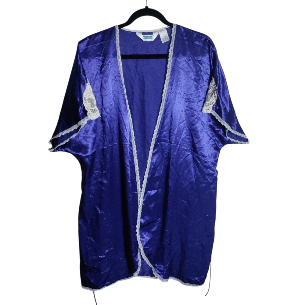 Partners Mervyns‎ Vintage Royal Blue Satin Lace Trim Robe Large Short Sleeve USA